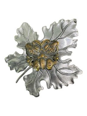 Stephen Dweck Scarf Clip Butterfly on Maple Leaf Silver Tone Bronze Vintage